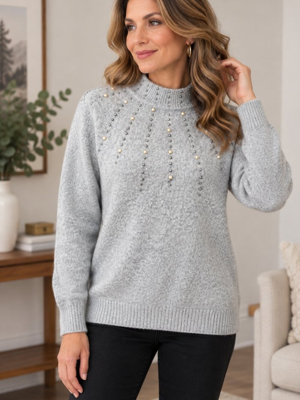 Carolyn Taylor XL Gray Pearl Rhinestone Mock Neck Sweater Quiet Luxury Holiday